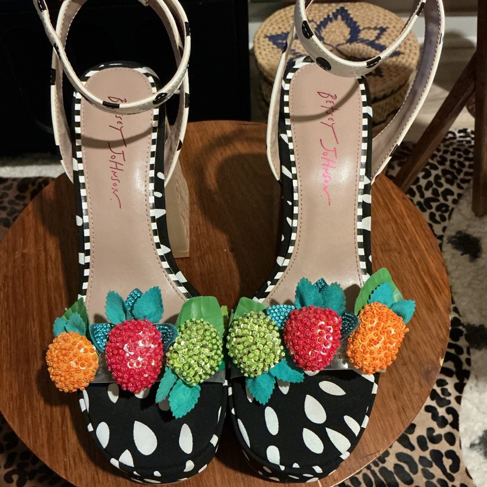 Betsey Johnson Black & White Polka Dot Fruit-Embellished Ankle Strap Heels